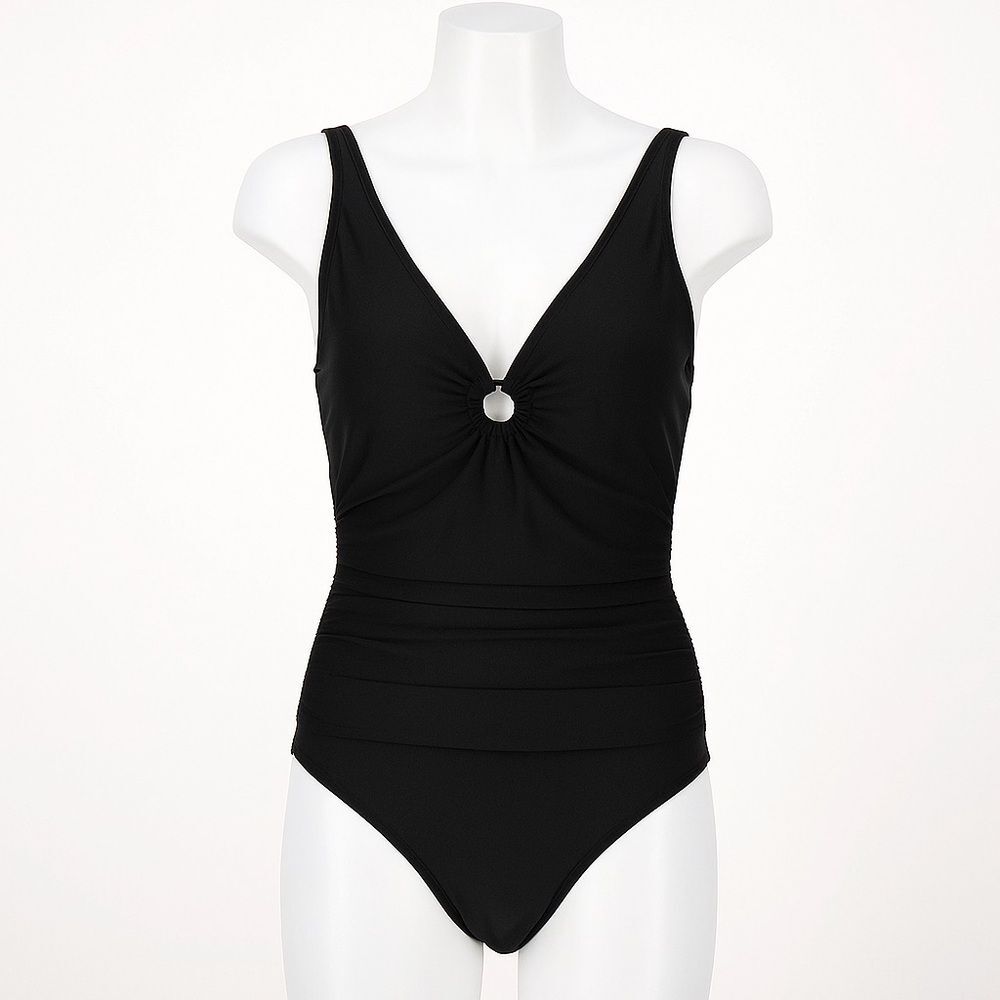 Susan Graver Soleil V-Neck One-Piece Swimsuit with O-Ring Detail